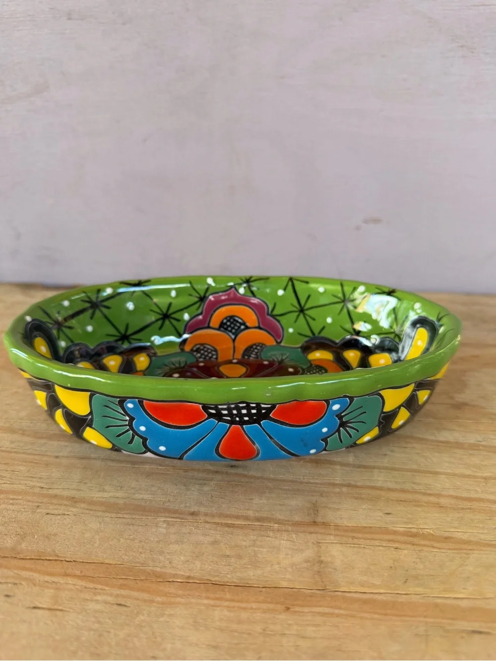 Hand-Painted Ceramic Serving Dish in Bright Green with Orange Floral Motif